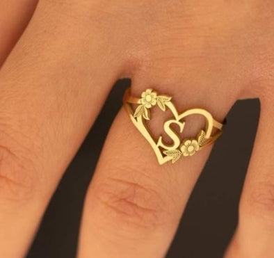 Customize Initial Ring With Heart and Floral Design